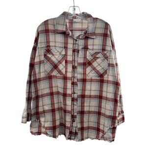 Zia Women's Plaid Button Up Top Frayed Long Sleeve Size Medium
